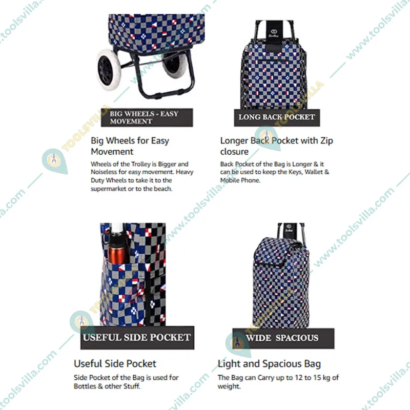 EVERBEST EB-Series 38 Liter Foldable Shopping Trolley Bag with Wheels -Colour - Blue Chess(2 Year Warranty )