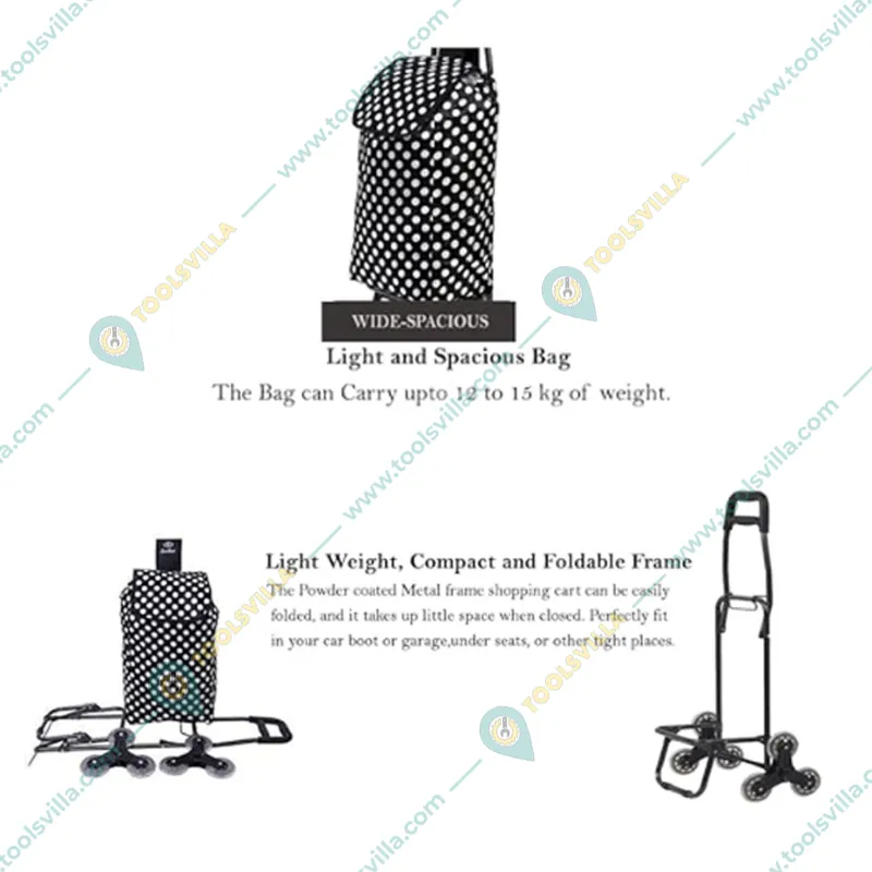 EverBest® 38 Liter Stair Climbing Collapsible Shopping Trolley Bag with Wheels-Colour-Black Polka (2 Year Warranty )