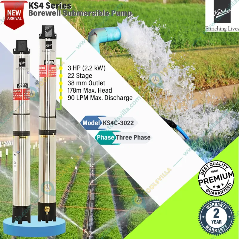 Kirloskar 3HP 22 Stage 100mm(4") 3 Phase Water Filled Borewell Submersible Pump, 178ft Head-2 Years Warranty (KS4C-3022)