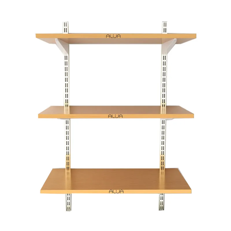 Alija 36 x 24 x 11 Inch 3 Wooden Shelves Slotted Channel & Adjustable Multipurpose Rack With Accessories