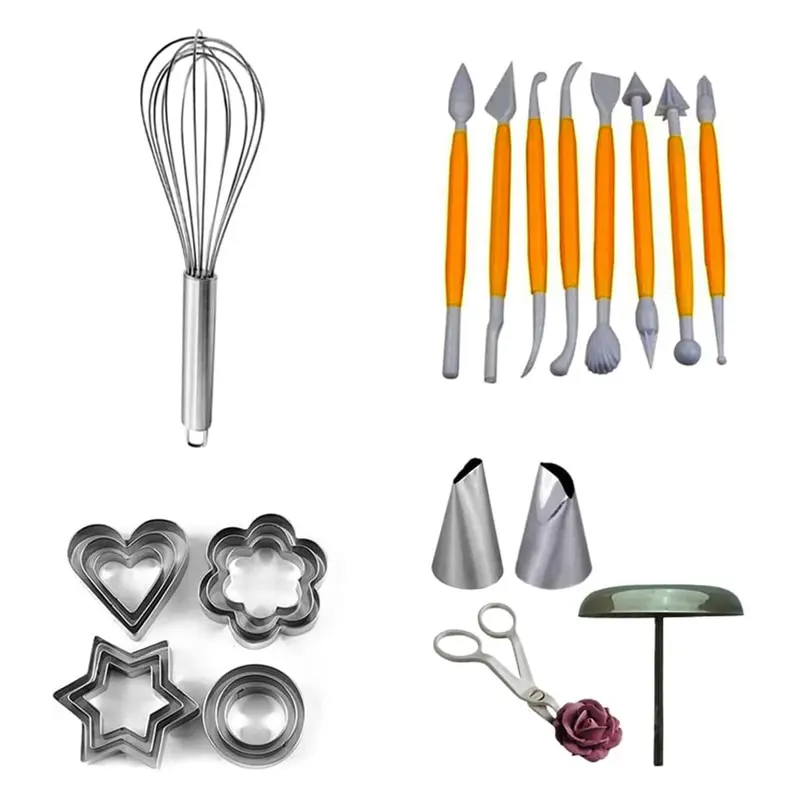 Combo of 1 Stainless Steel Whisk, 8 Fondant Tools Set, 12 Cookie Cutter and Flower decorating Tools 