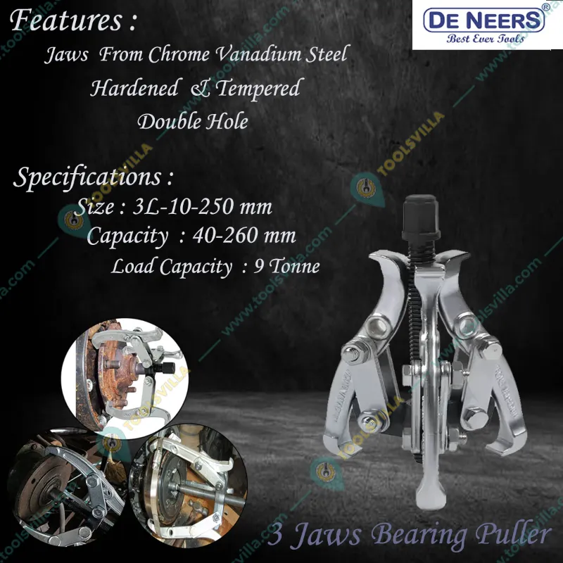 De Neers 9 Ton 3 Jaws Bearing Puller, 40-260 mm Capacity (3L-10-250 mm)
