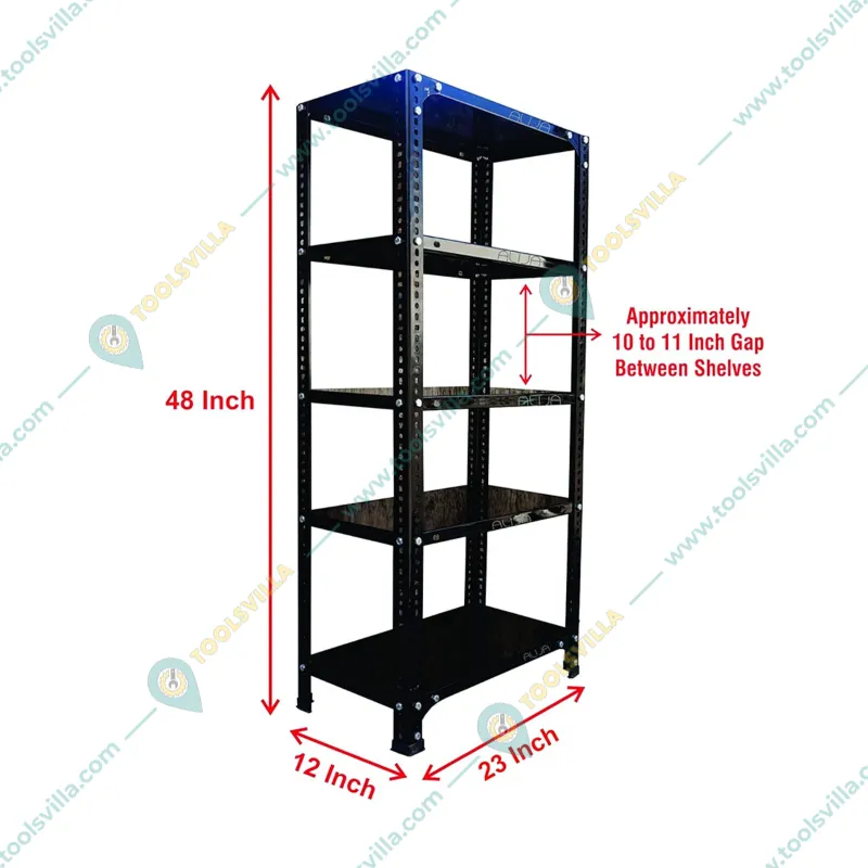 Alija 48 x 23 x 12 Inch 5 Shelves Multipurpose Storage Rack With Accessories(Color-Black,Gauge-24 Gauge Shelves & 18 Gauge Angle)