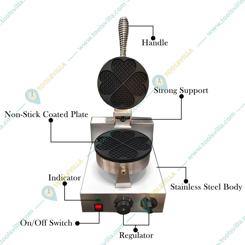 Commercial Counter Top Round Heart Shaped Waffle Maker Machine, SS Body 