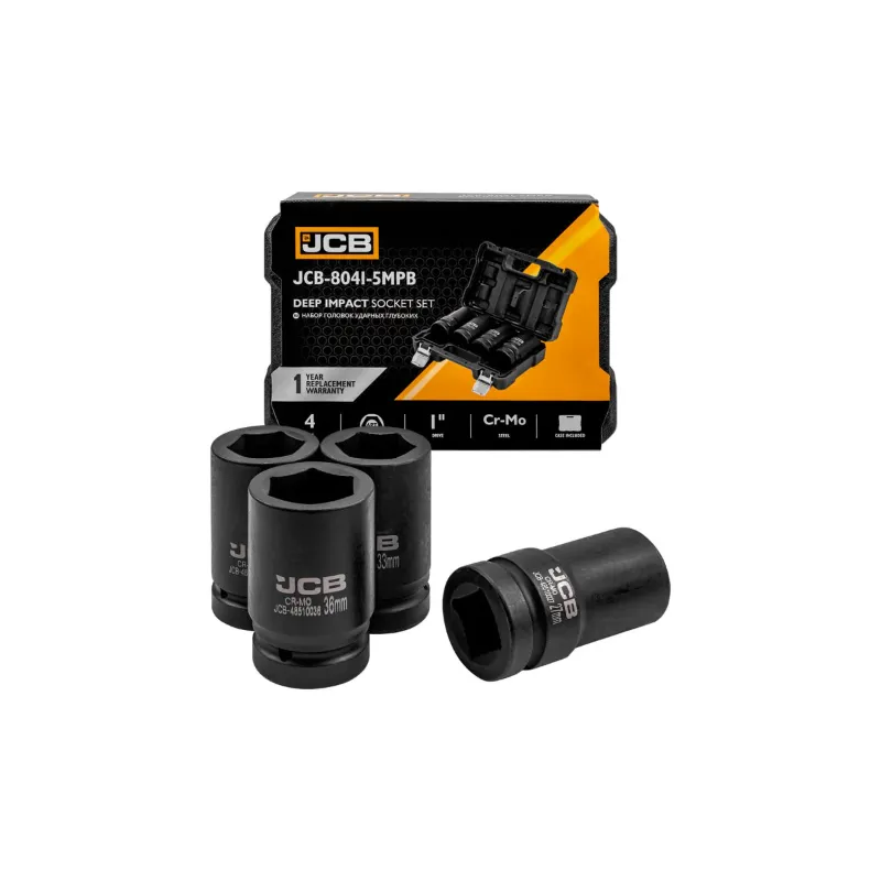 JCB 4 Piece Deep Impact Socket Set, 1″ Drive, 6‑Point 27, 32, 33, 36 mm (JCB-8041-5MPB)