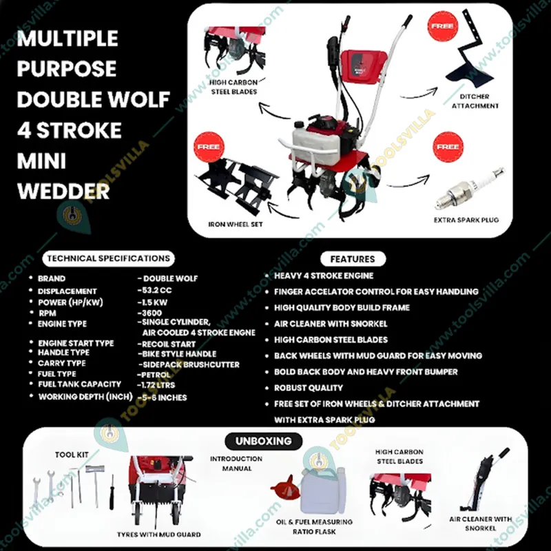 Double Wolf 4 Stroke 53.2 CC Mini Power Tiller With Free Iron Wheel and Ridger Attachment