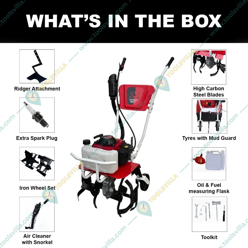 Double Wolf 4 Stroke 53.2 CC Mini Power Tiller With Free Iron Wheel and Ridger Attachment