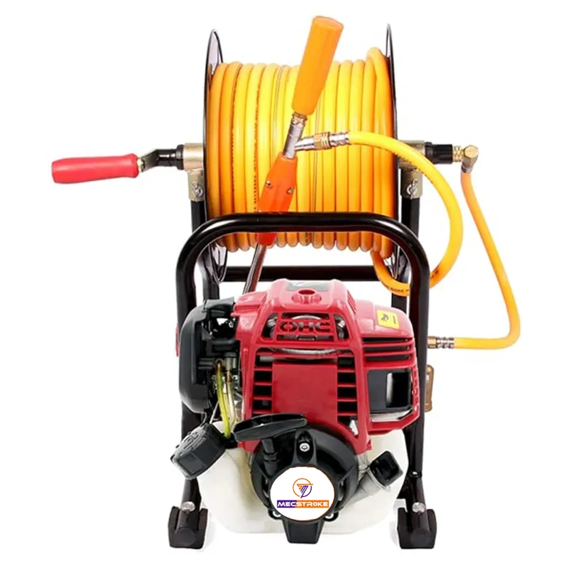 MECSTROKE Portable Power Sprayer with 4 Stroke 35 cc Petrol Engine With 50 Meter Hose Pipe and Hose Reel Stand