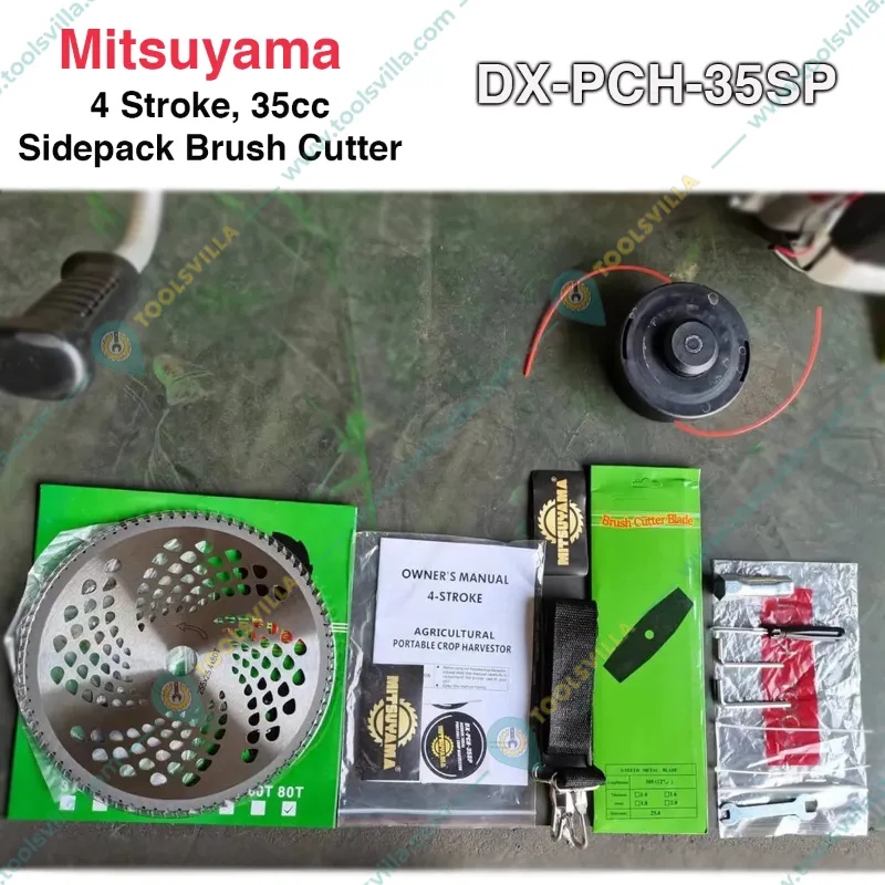 Mitsuyama DX-PCH-35SP, 4 Stroke Sidepack Brush Cutter 35 CC, With 2T Blade, TCT Blade & Nylon Trimmer Head.  