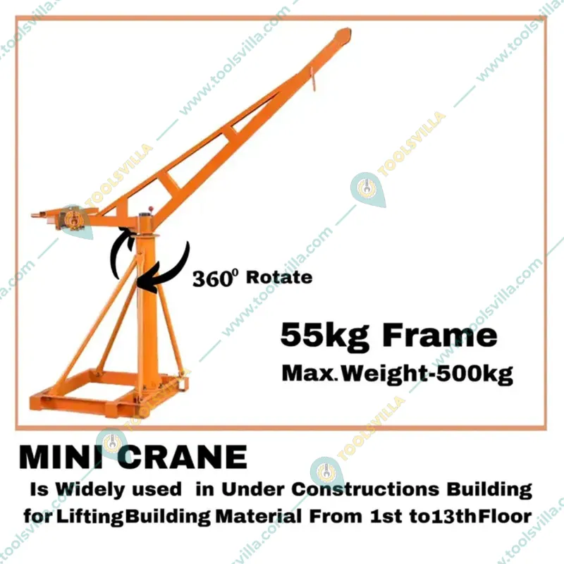 HT 500kg Capacity 360° Mini Crane With Electric Winch, 3 Hp Motor - 40 m Wire Rope & 2 pcs Double Wheel Trolley
