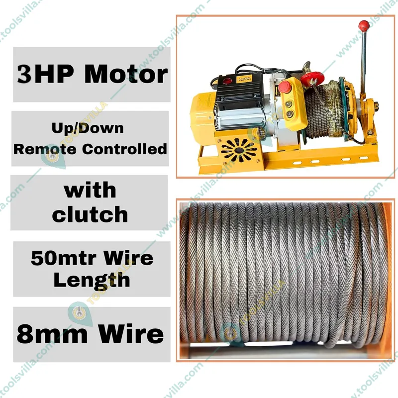 HT 500 kg Capacity 360° Mini Crane With 3 HP Electric Clutch Winch, 50 Meter 8 mm Wire Rope & Wheel Barrow Trolley 