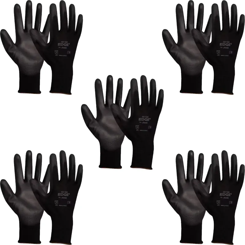 Ansell EDGE 48-126 Polyester Material Palm Coated Light-Weight Black Safety Gloves - Pack of 5