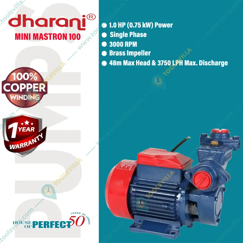 Dharani (Mini Mastron 100) 1HP 1Ph Self Priming Monoblock Pump, Copper Winding, 3750LPM, 48M Max. Head (1 Year Warranty)