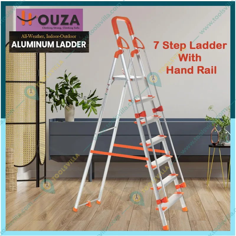 Houza Anti-Slip 7 Step Aluminium Foldable Ladder with Railing (HZ-WR-07-01)