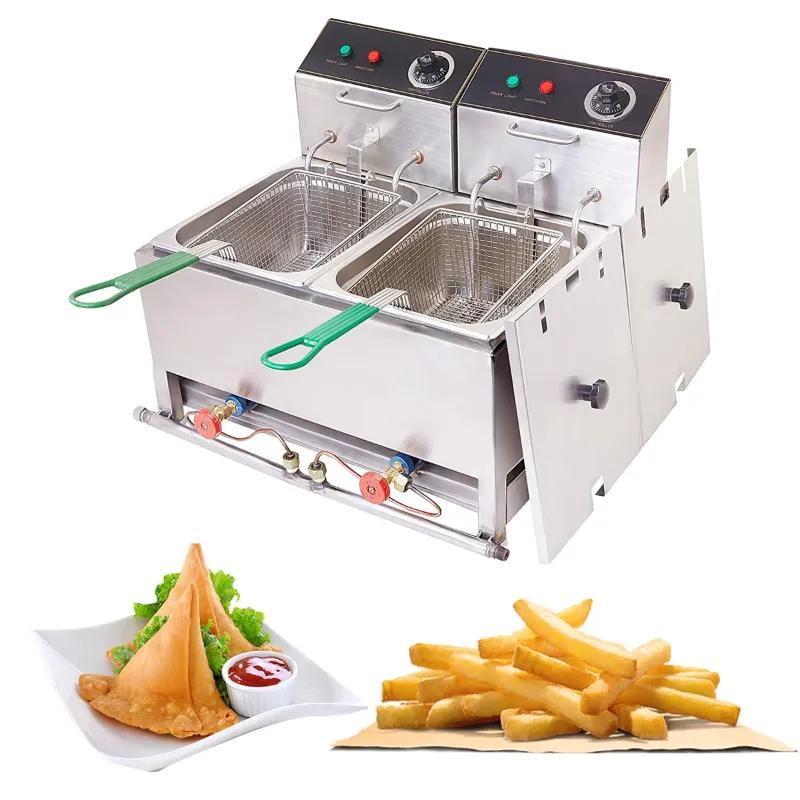 Heavy-Duty Double Pan 8L+8L Electric and Gas Deep Fat Fryer 5000W, SS Body