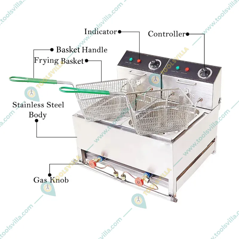 Heavy-Duty Double Pan 8L+8L Electric and Gas Deep Fat Fryer 5000W, SS Body
