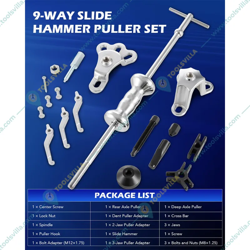 Premium Quality 9 Way Slide Hammer Puller Set, Front Wheel Hub Bearing Remover & Rear Wheel Axle Shaft Puller Tool Kit