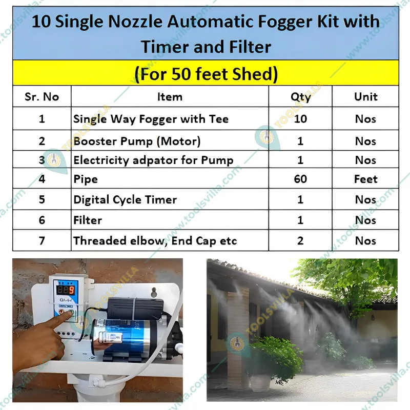 10 Single Nozzle Automatic Fogger Kit with Timer & Filter for 50 feet (1524 cm) Shed with 1 Year Warranty on Motor, Timer and Adapter 