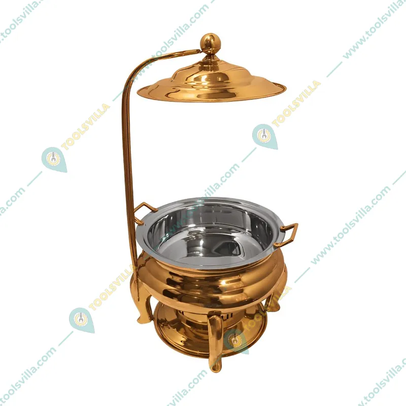 Premium Quality Round Golden Chafing Dish with Hanging Lid, 6 Liter