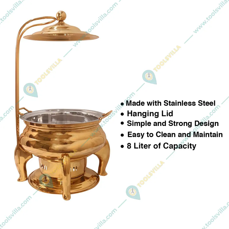 Premium Quality Round Golden Chafing Dish with Hanging Lid, 8 Liter