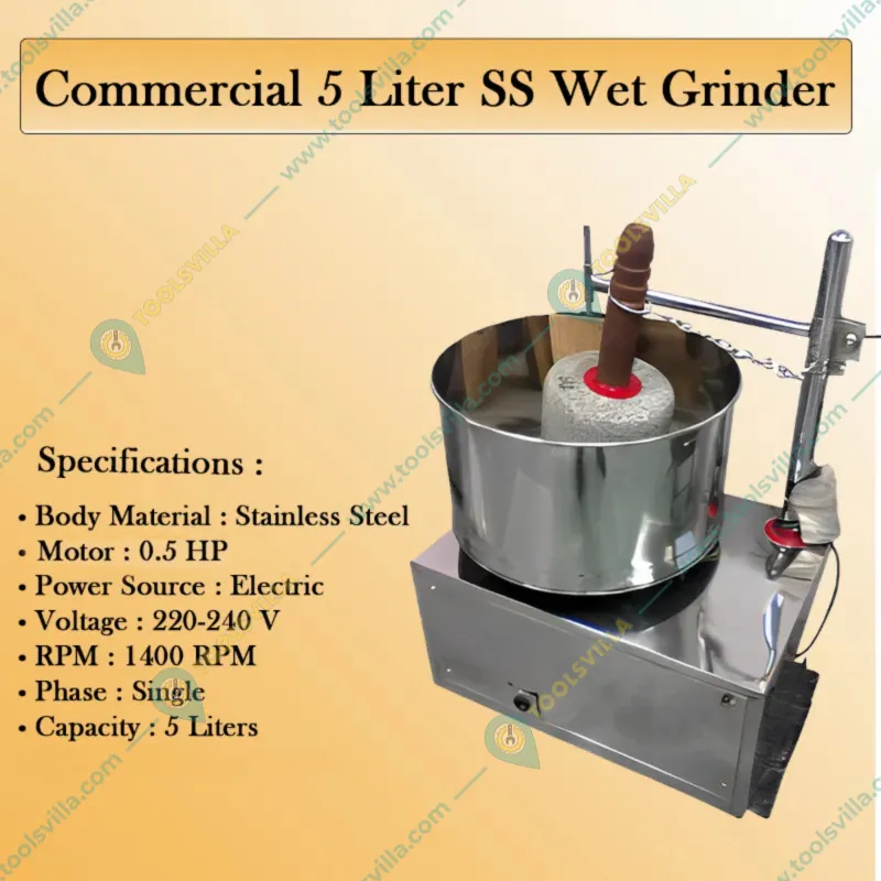 Made in India Commercial 5 Liter SS Wet Grinder, With 0.5 HP Lakshmi Motor