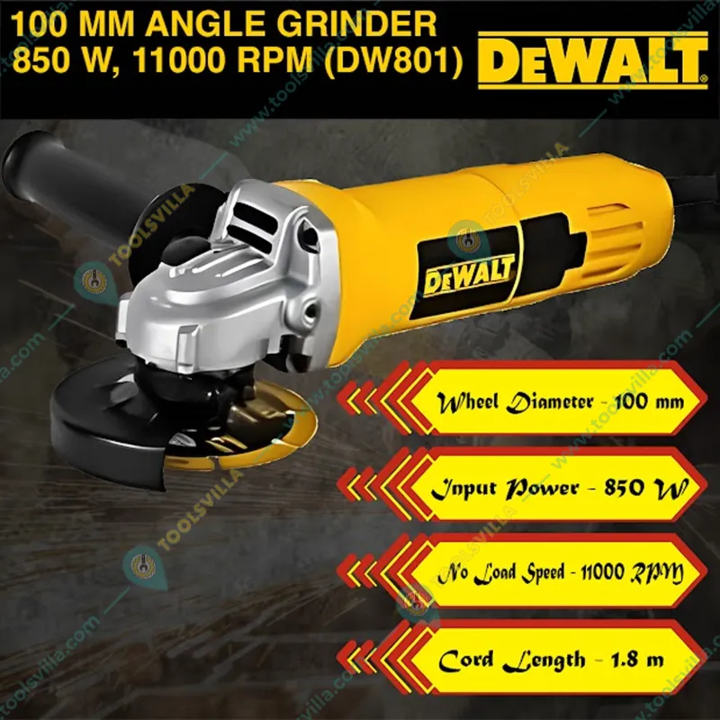 Dewalt 100mm 850W Yellow Plastic Angle Grinder, 11000 RPM (DW801)
