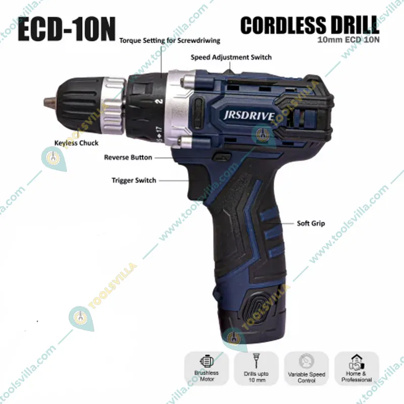 JRS Drive 10mm 12V Cordless Drill Machine with Battery & Charger, 1400 RPM (ECD-10N)
