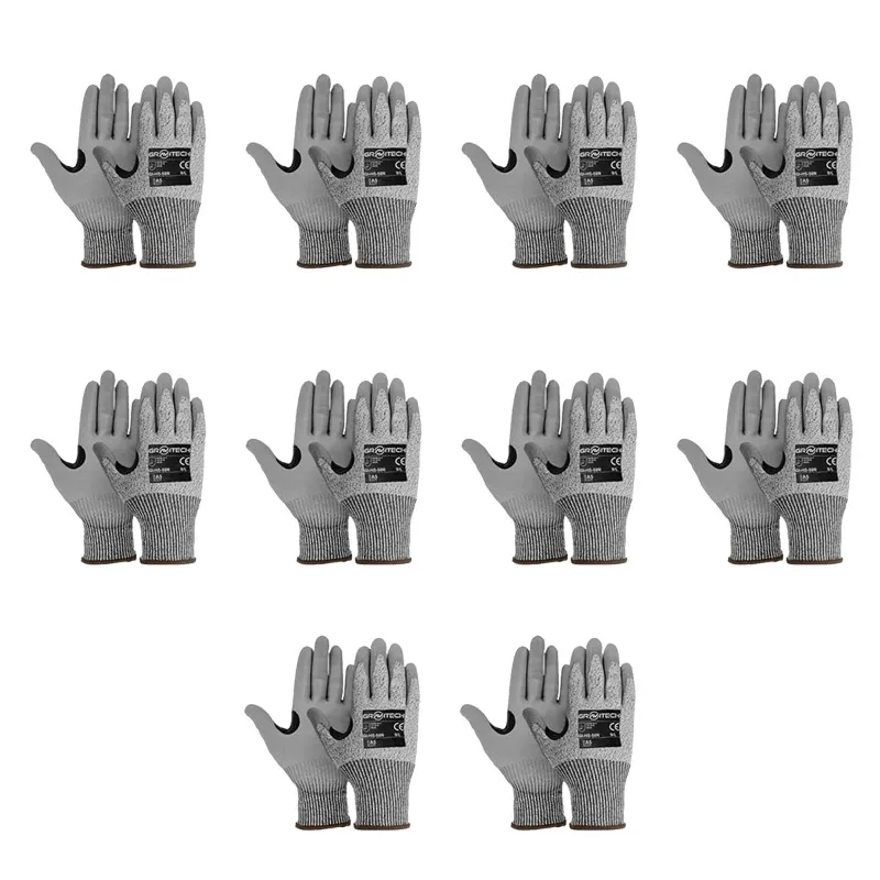 Gravitech Pack of 10 Pairs GI-HS-50R Cut Level 5 Resistant Gloves with PU Coating and Glass Fiber for Superior Grip and Protection