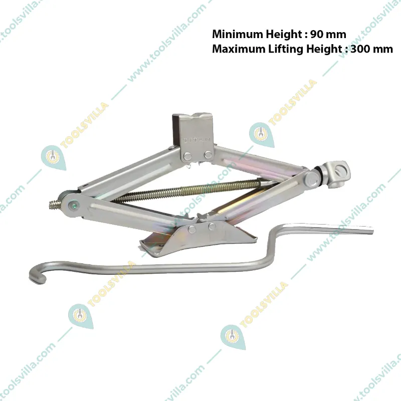 Heavy Duty 1 Ton Iron Silver Manual Scissor Jack With Handle for Hatchback Cars, Auto Rickshaws - Maximum Lifting Height 300 mm