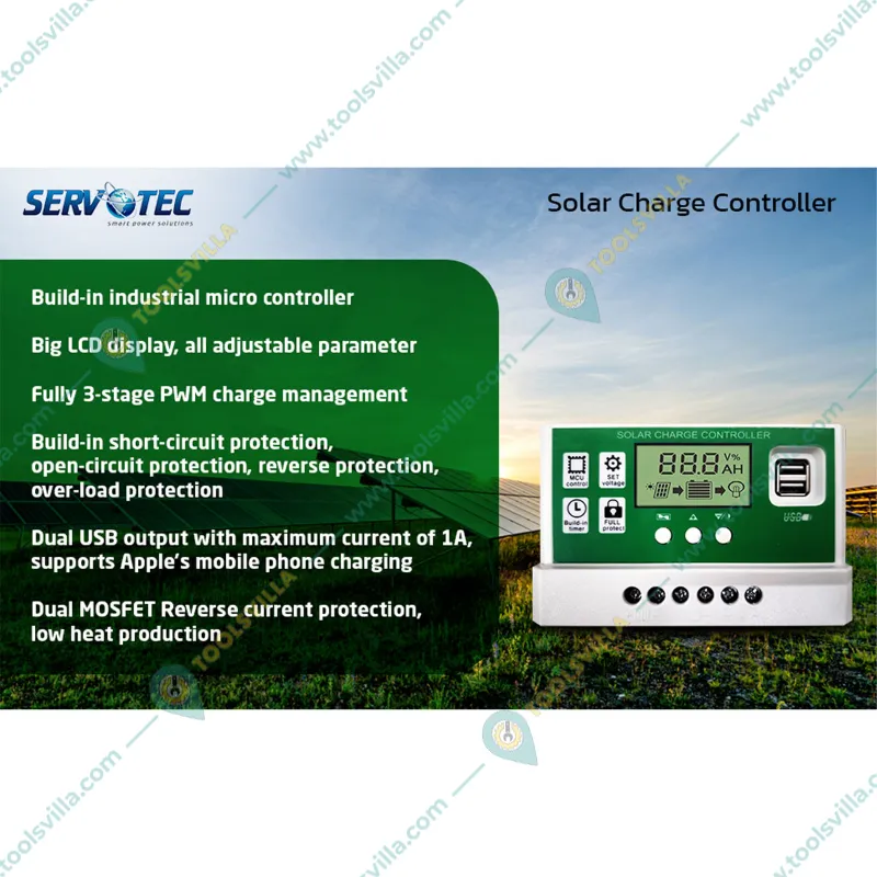 Servotech 20Amp Solar Charge Controller 12V/24V For Battery, Inverter, Solar Panel, Short Circuit, Overcharge, Overload Protection