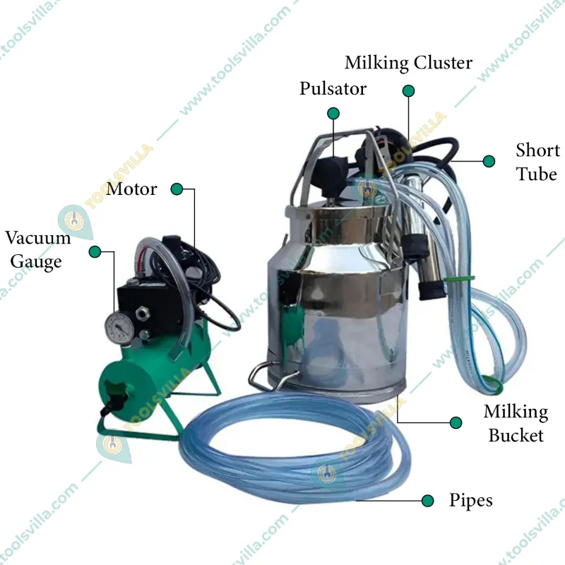 Single Bucket (20L) 0.5 HP Portable Milking Machine, Stainless Steel Body With 25 Feet Vacuum Pipe