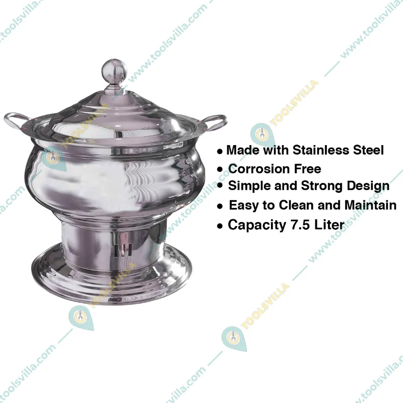 Premium Quality Stainless Steel Round Chafing Dish with Lid, 7.5 Liter Capacity
