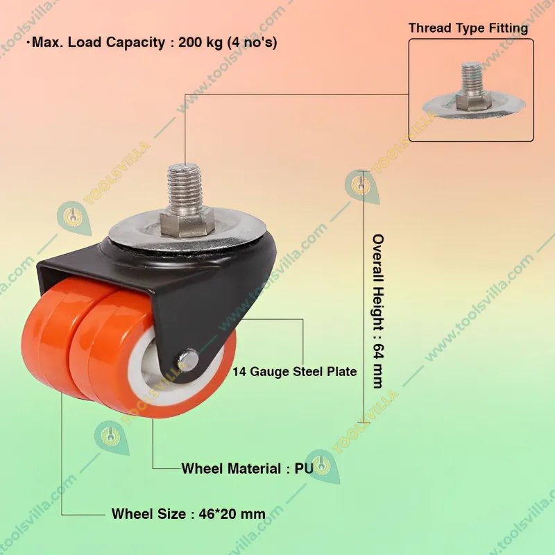 Ackwheel (A-53) 64 mm Steel & Plastics Radius Flat Thread Type Double Puff Caster Wheel (Pack of 4)