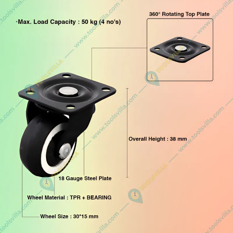 Ackwheel (A-63) Premium Quality Plate Type 38mm Height Steel & Plastics Radius Flat Rotating Plate Puff Castor Wheel (Pack of 12)