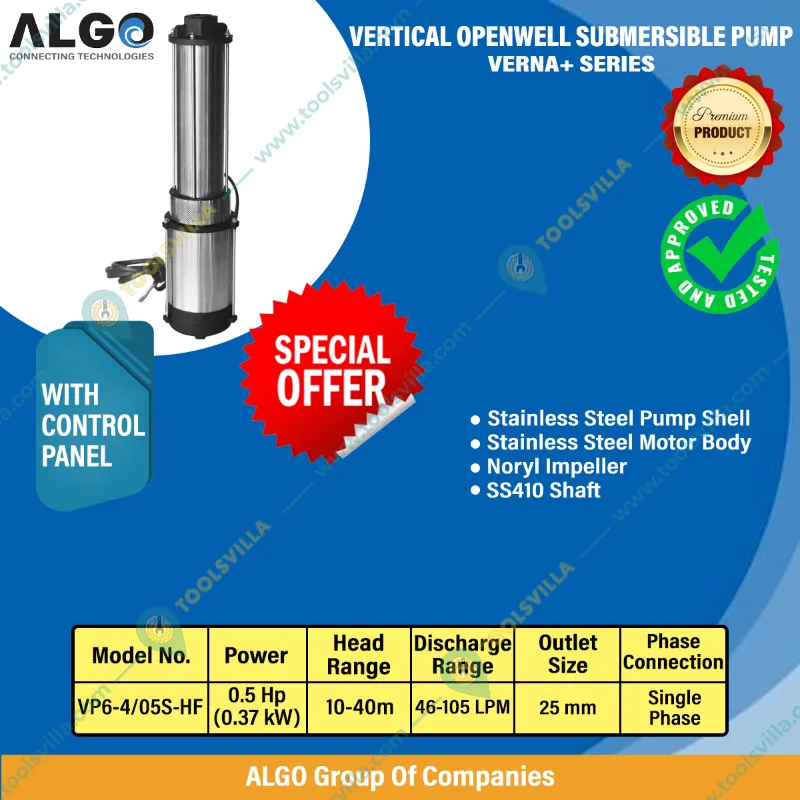 Algo VERNA+ 0.5 HP 1 inch Single Phase Vertical Openwell Submersible Pump with Control Panel- 1 Year Warranty(VP6-4/05S-HF)