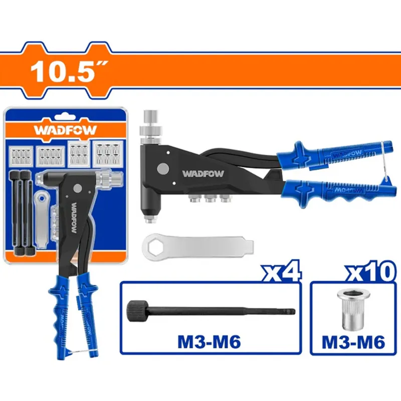 Wadfow 10.5" Inch Aluminum Rivet Nut Gun with 4pcs Mandrels Kit (WHR5710) - WHT