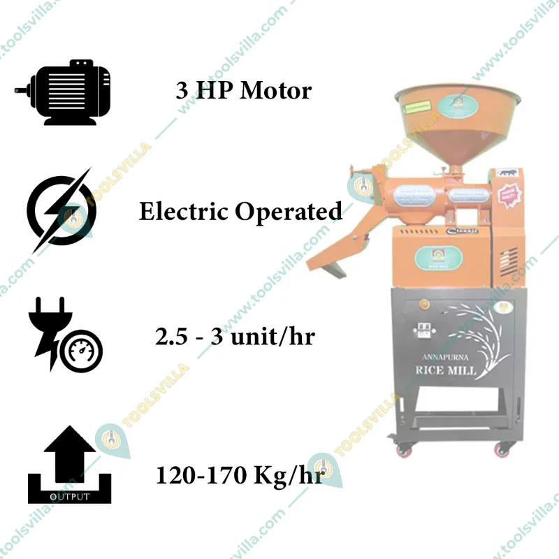 Annapurna 3HP Mini Rice Mill with 120 -170 Kg/Hr Production Capacity