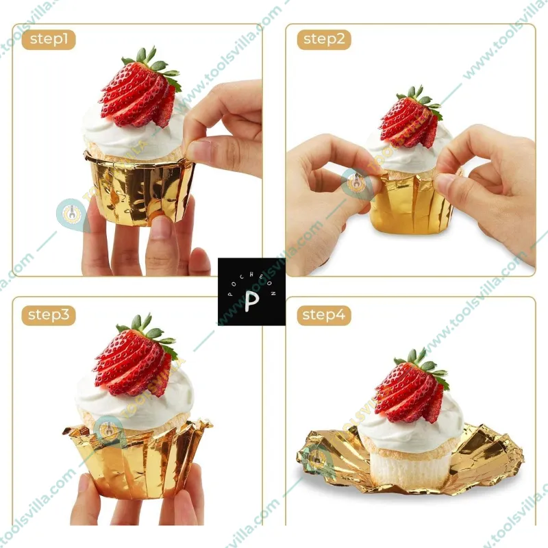 Pack of 100 POCHEON® Shiny Gold Little Cupcake Disposable Aluminium Foil Muffin Liners Baking Cups, Petite Tip Pan(Size-Small)