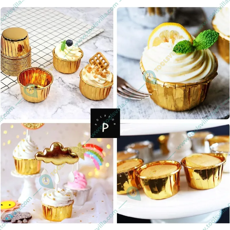 Pack of 100 POCHEON® Shiny Gold Little Cupcake Disposable Aluminium Foil Muffin Liners Baking Cups, Petite Tip Pan(Size-Small)