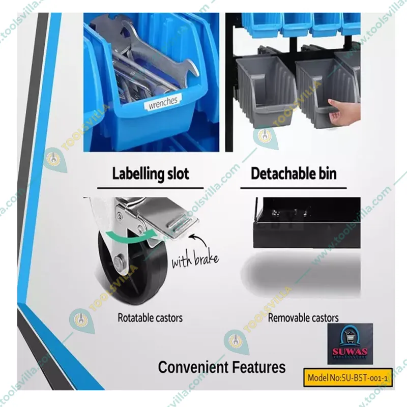 Suwas Trolley 8 Kg Load Capacity Per Shelf Powder Coated Bin Handling Trolley With Bins (Warranty-1 Year) (SU-BST-001-1)