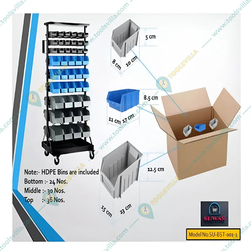 Suwas Trolley 8 Kg Load Capacity Per Shelf Powder Coated Bin Handling Trolley With Bins (Warranty-1 Year) (SU-BST-001-1)