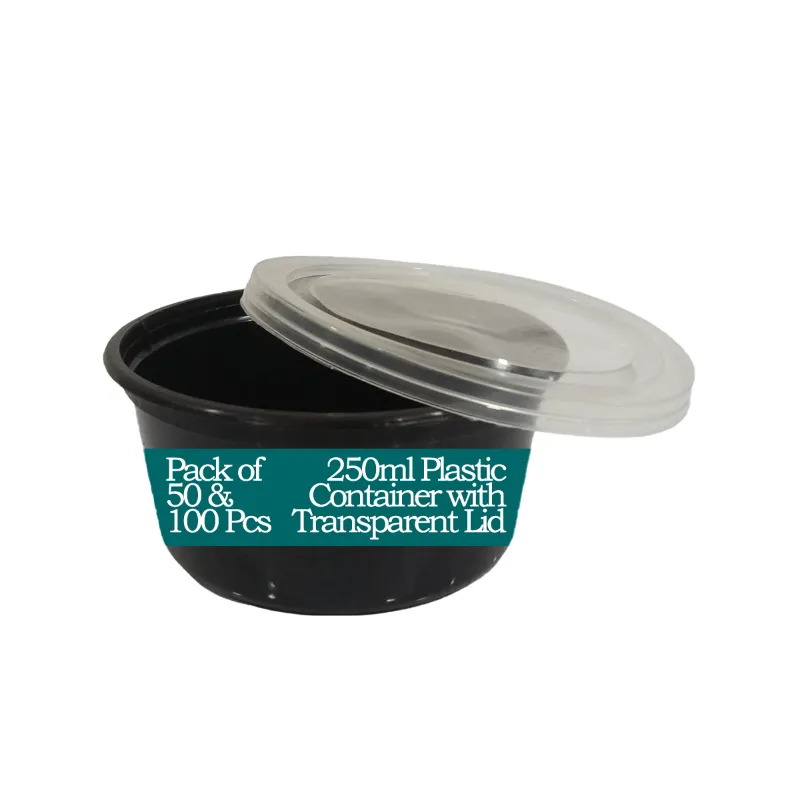 250ml Black Round Plastic Container with Transparent Lid for Food Delivery, Takeaway and Packaging