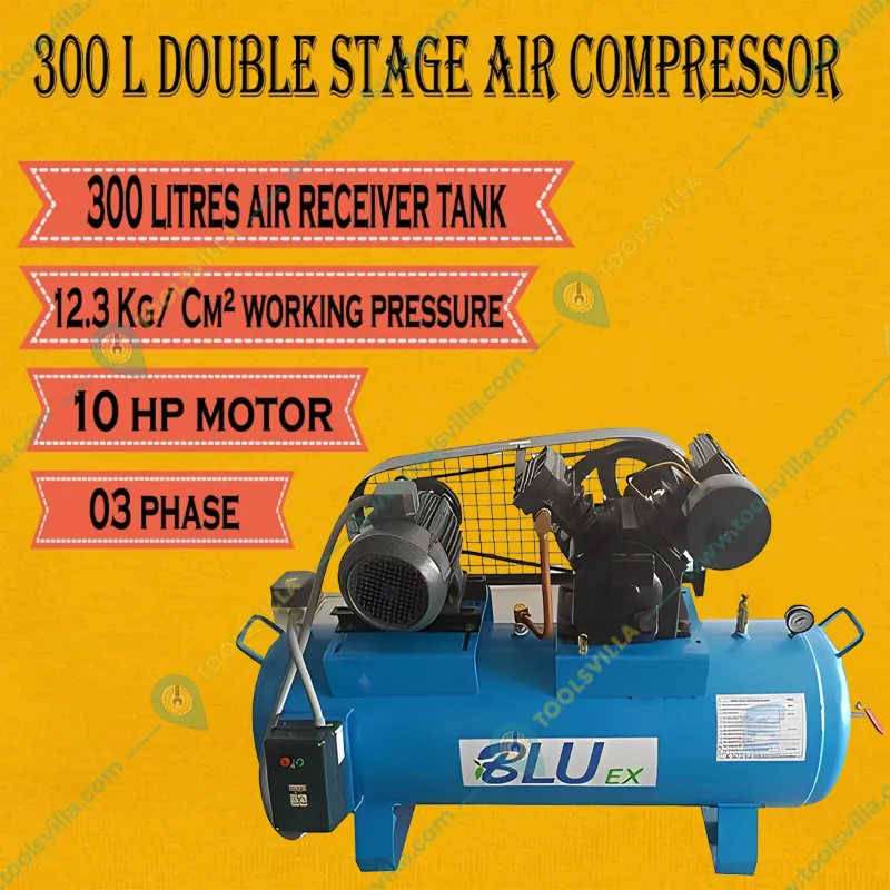 BLU EX 300 Litres Double Stage Reciprocating Air Compressor With 10 HP Motor (BEI-10300)