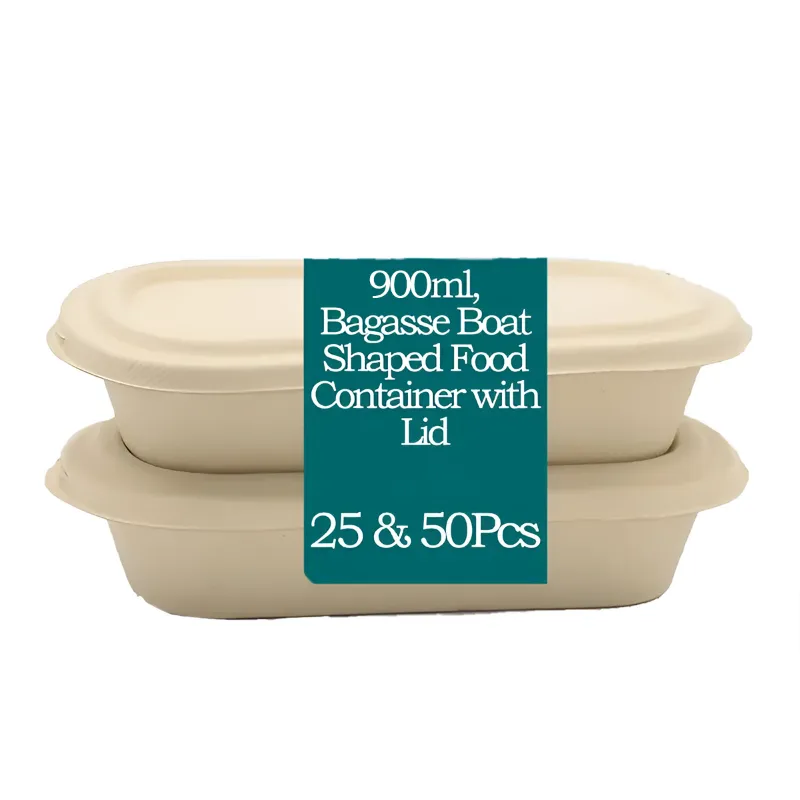 Premium 900ml Bagasse Boat-Shaped Food Container with Lid 
