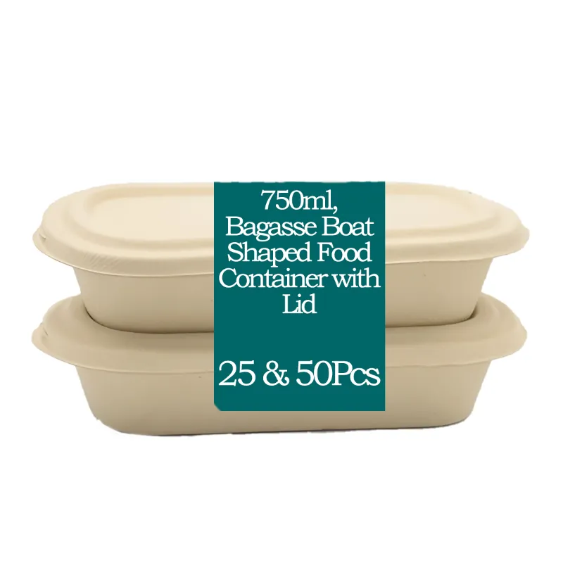 750ml, Bagasse Boat Shaped Food Container with Lid, Bio-Degradable