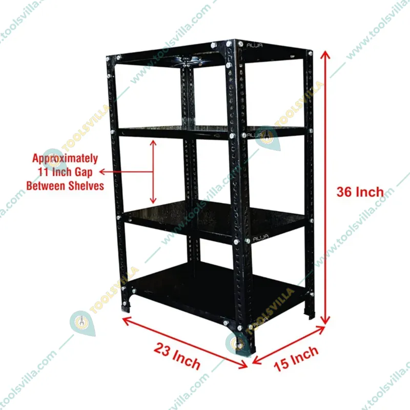 ALIJA 36 x 23 x 15 Inch 4 Shelves Multipurpose Storage Rack With Accessories(Gauge-24 gauge shelves, 18 gauge angle,Color-Black)