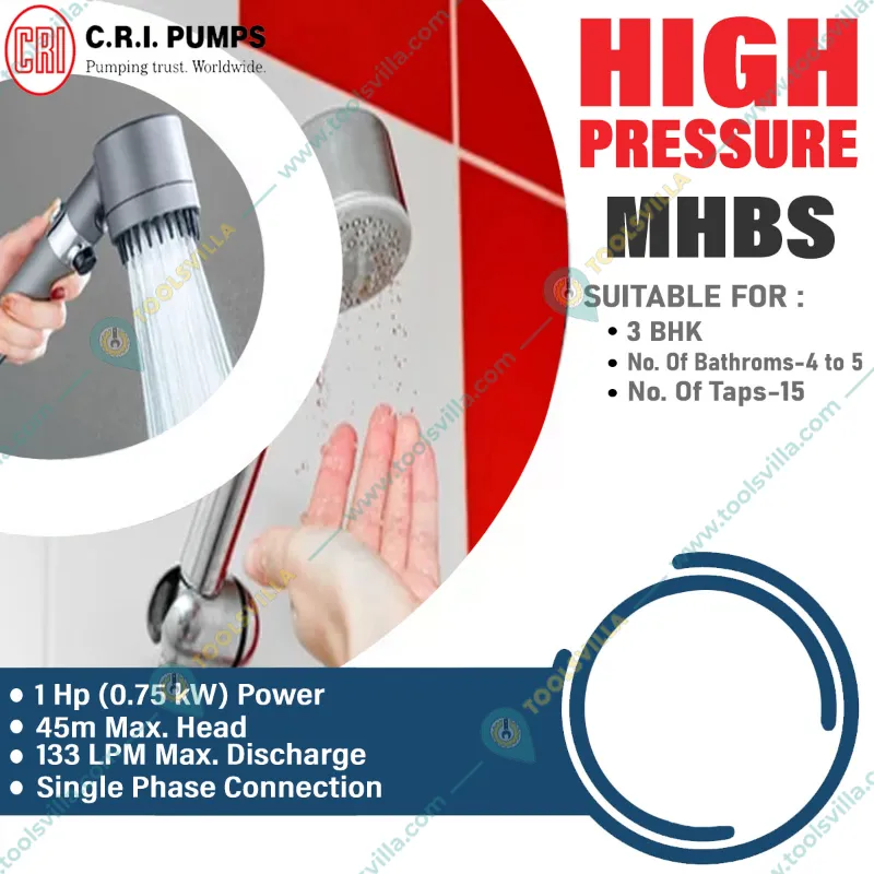 CRI 1 Hp 1Phase Pressure Booster Pump With 24L Tank & Accessories For 3 BHK, 4-5 Bathrooms (MHBS-5/05)-1 Year Warranty