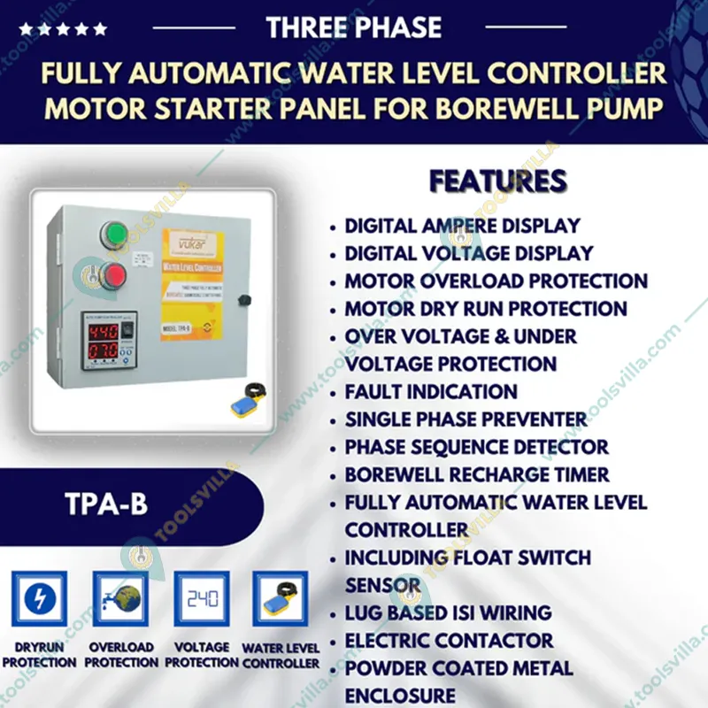Vukar 10Hp 3Ph Fully Automatic Water Level Controller Borewell Starter Panel with Float Switch (TPA-B)-3 Months Warranty