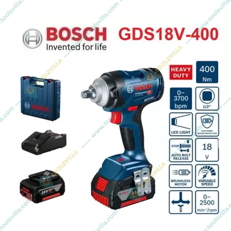 Bosch Powerful  18V Max. Torque 400 N.m Cordless Impact Wrench With Battery & Charger, 2500 RPM (GDS 18V-400)