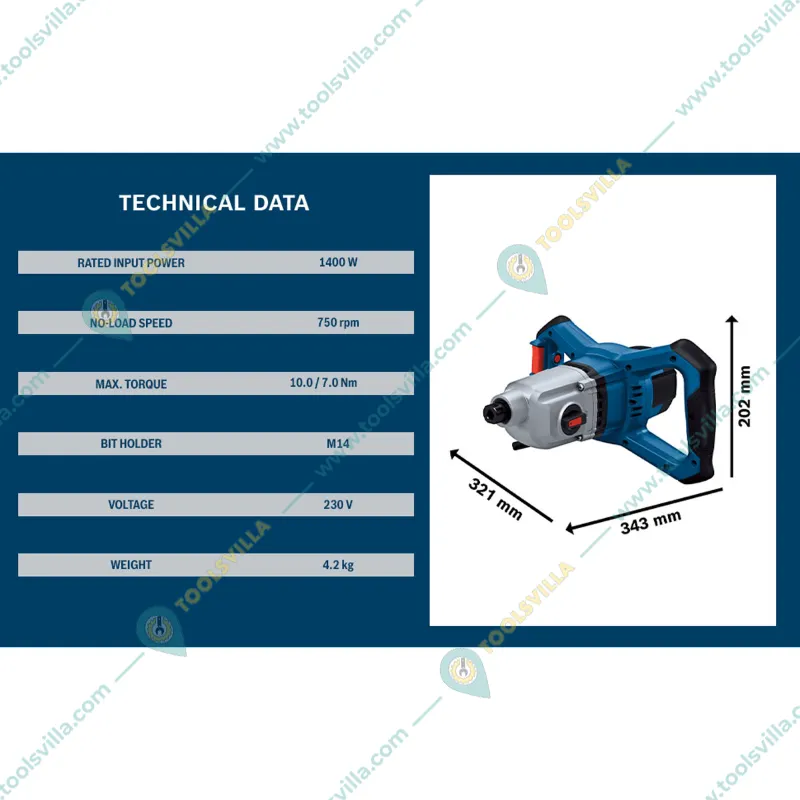 Bosch 1400 Watt Professional Paint Mixer With 140 mm Mixer Paddle Rod, 750 RPM (GRW 140)